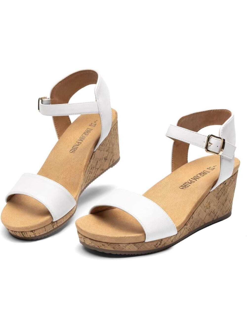 Women's Wedge Sandals Cork White Open Toe Ankle Strap Buckle Dressy Summer Shoes